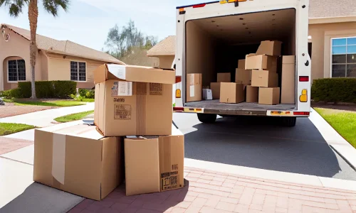 Moving truck is parked on the side of a building loading or unloading cartons. Ai generative